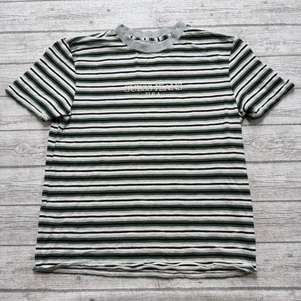 Guess Originals T-Shirt Mens Small Gray White Striped Short Sleeve Cotton Preppy
